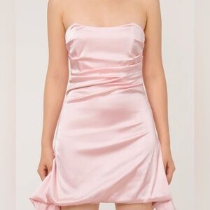 NEW- SATIN PLEATED TRIM CORSET STRAPLESS PARTY MINI DRESS - PINK Size MEDIUM